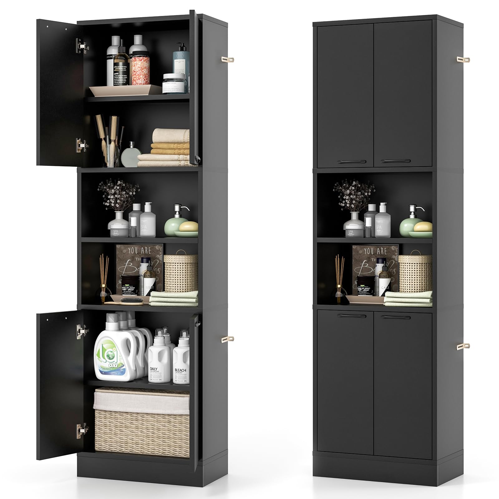 Tangkula 75" Tall Bathroom Storage Cabinet, Bathroom Floor Cabinet with 4 Doors & 2 Open Shelves
